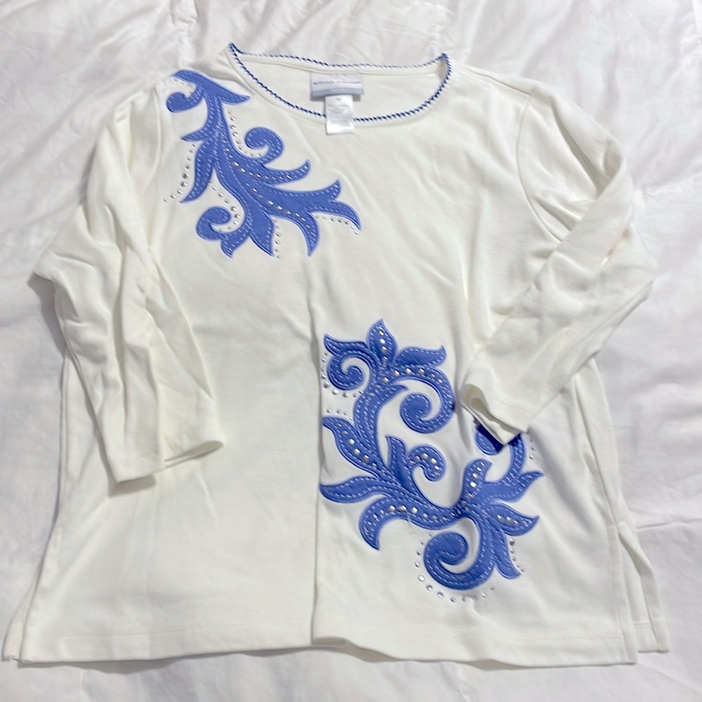 Alfred Dunner Cream Top with Blue Scroll Appliqué
